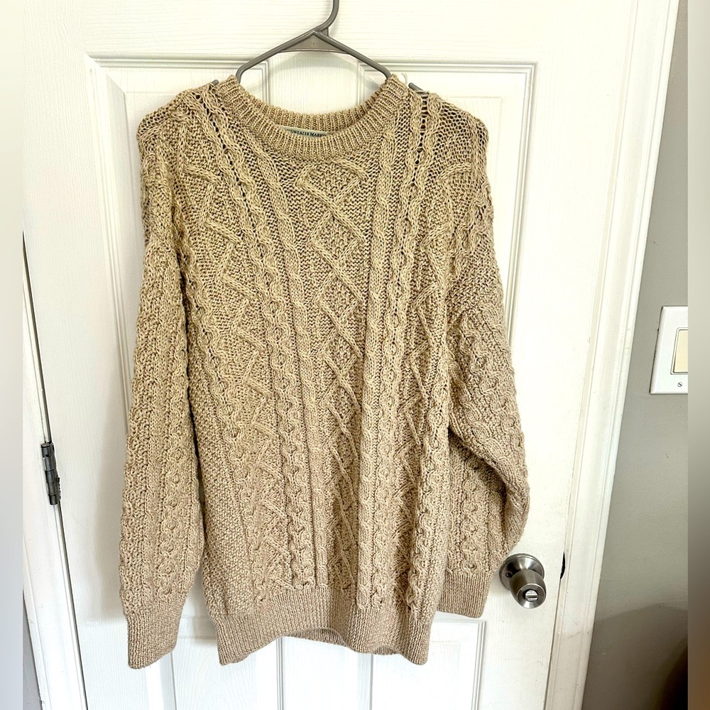 Aran Sweater Market Heavyweight Wool Cable Knit Fisherman Irish Sweater - Medium